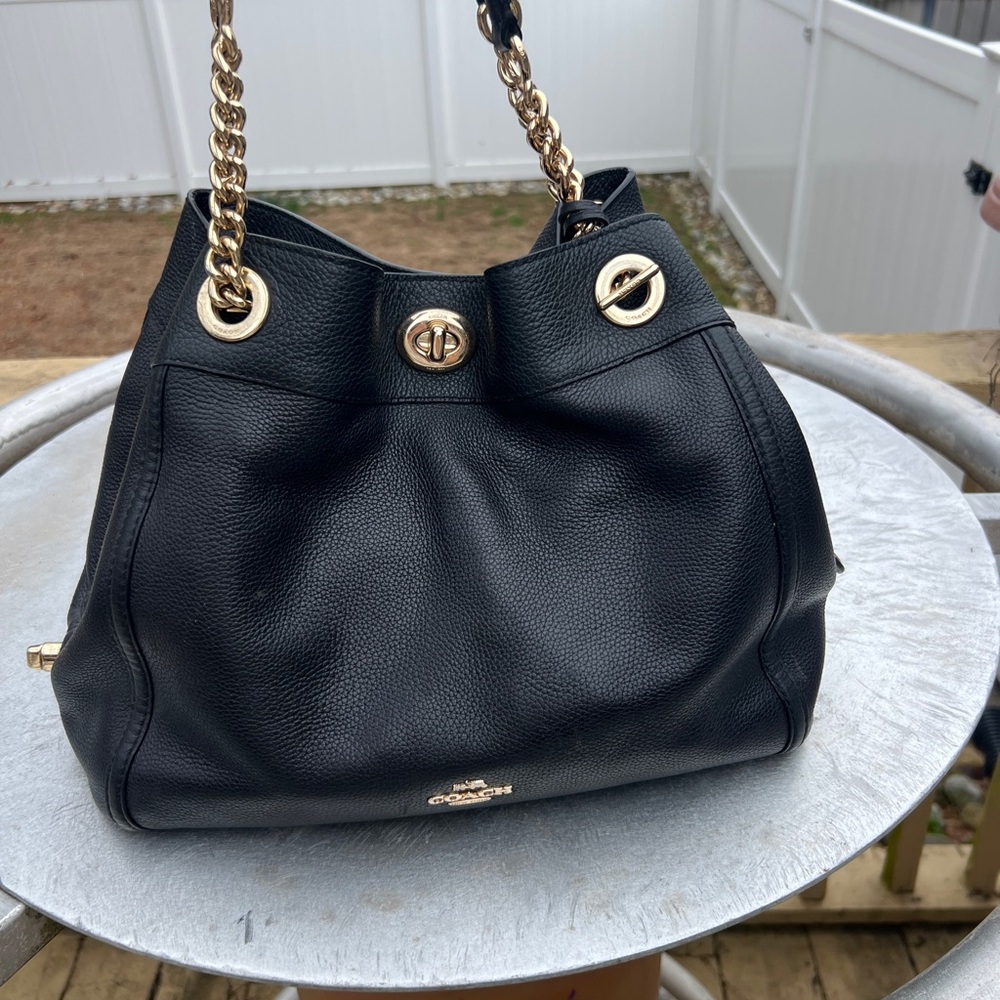Coach Black Pebbled Leather Shoulder Bag with Gold Chain Handles